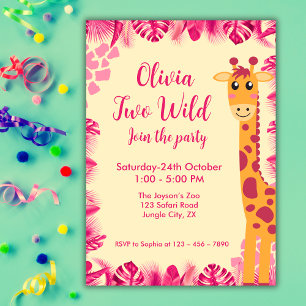Zwei wilde Safari-Tiere  Giraffen-Mädchen Rosa 2.  Einladung