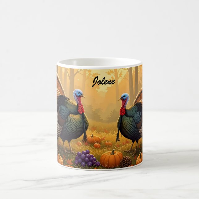 Zwei wilde Truthühner Erntedank Kaffeetasse (Mittel)