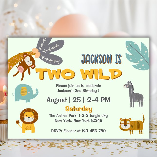 Zwei Wildtiere, 2. Geburtstag, Safari Tiere Niedli Einladung (two wild safari animals birthday party invitation)