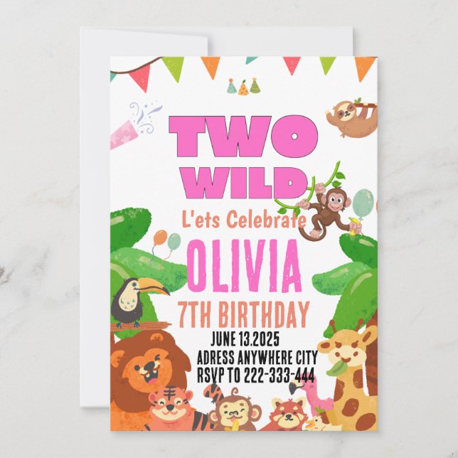 Zwei Wildtiere Mädchen zum zweiten Geburtstag Einladung (Vorderseite)