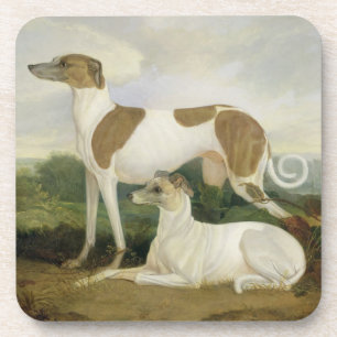 Zwei Windhunde in einer Landschaft (Öl auf Getränkeuntersetzer