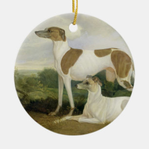 Zwei Windhunde in einer Landschaft (Öl auf Keramik Ornament