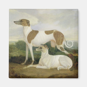 Zwei Windhunde in einer Landschaft (Öl auf Magnet