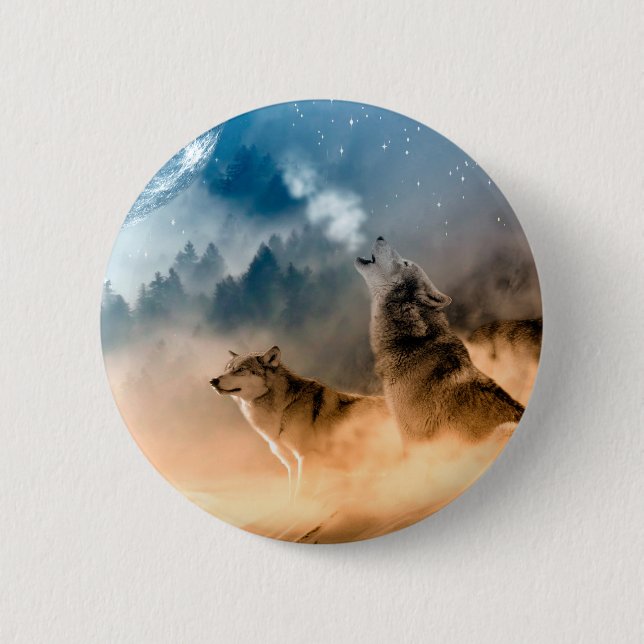 Zwei Wölfe heulen auf Vollmond im Wald Button (Vorderseite)