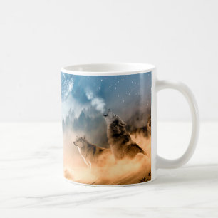 Zwei Wölfe heulen auf Vollmond im Wald Kaffeetasse