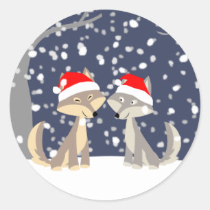 Zwei Wölfe im Winter Weihnachtsaufkleber Runder Aufkleber