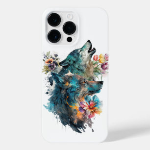Zwei Wölfe umgeben von Blume iPhone 14 Pro Max Hülle