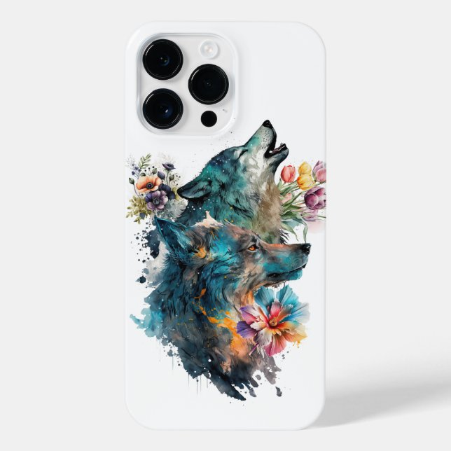 Zwei Wölfe umgeben von Blume iPhone 14 Pro Max Hülle (Rückseite)