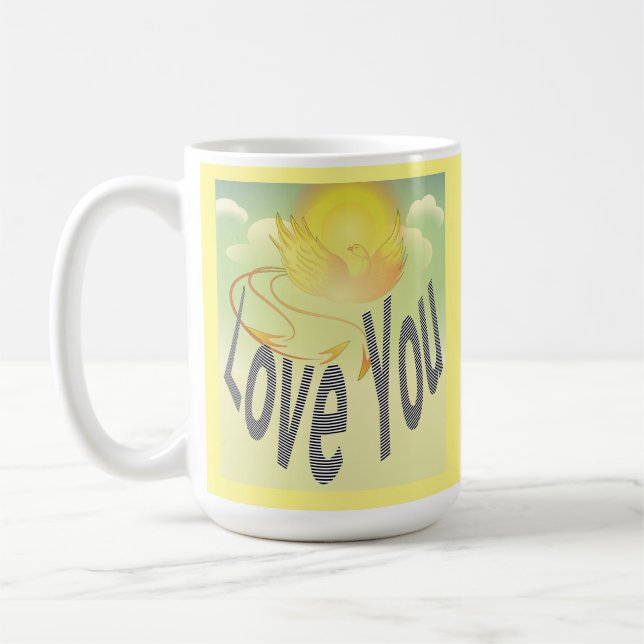 Zwei Worte - Liebe. Zum gelben Phoenixvogel Kaffeetasse (Links)
