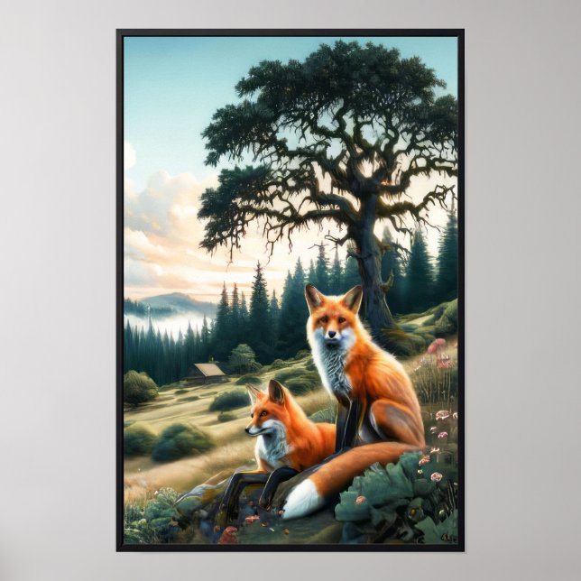 Zwei wunderschöne rote Füchse im Wasser ruhen Poster (Vorne)