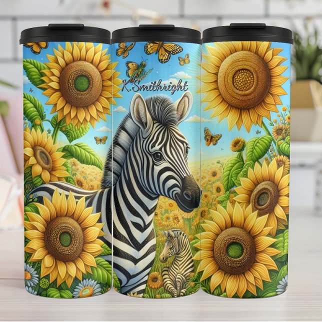 Zwei Zebras auf einem Sonnenblumenfeld Thermosbecher (Von Creator hochgeladen)