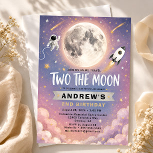 Zwei zum Mond 2. Geburtstagseinladung Lila Gold Einladung