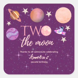 Zwei zum Mond Mädchen Weltraum Rosa Planeten 2. Ge Quadratischer Aufkleber
