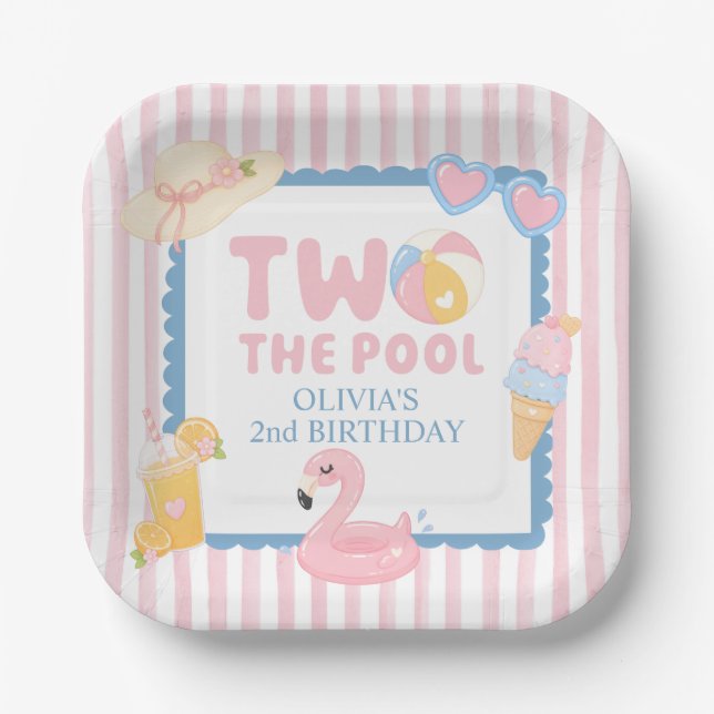 Zwei zum Pool Sommer-Poolparty 2. Geburtstag Pappteller (Vorderseite)