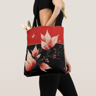 Zweifarbig Schwarz und Rot mit Blattdetail Tasche