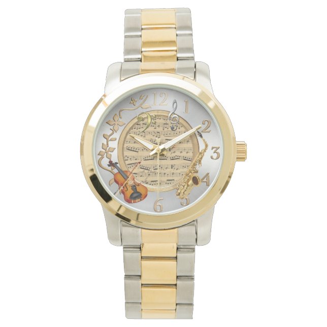 zweifarbige Armbanduhr zum Thema Musik (Vorderseite)