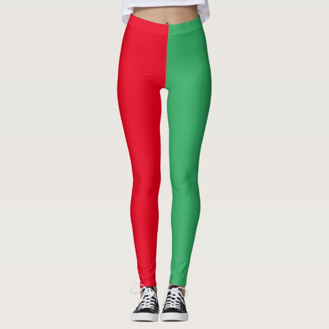 Zweifarbige Split Halbrot und halb Grün Leggings (Vorderseite)