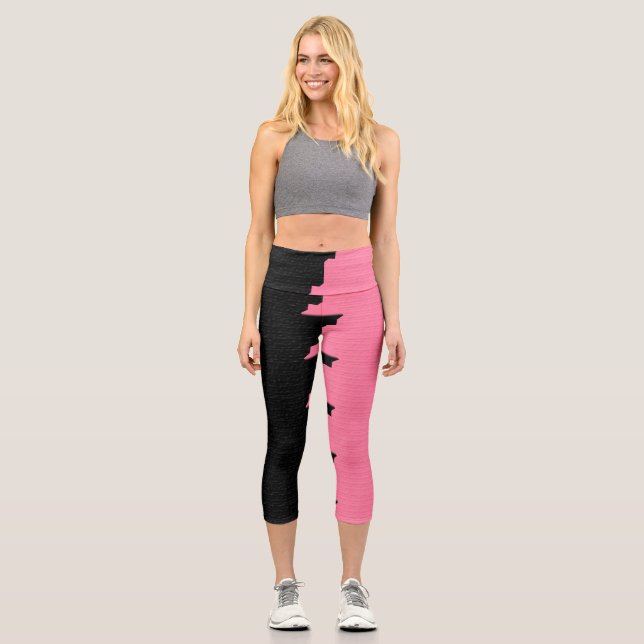 Zweifarbige Streifen mit rosa und schwarz Capri Leggings (Vorderseite)
