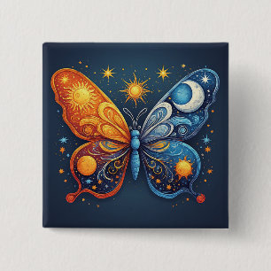 Zweifarbiger Schmetterling über strahlender Sonne Button