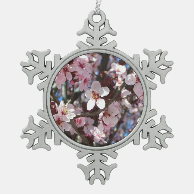 Zweig der rosa Blüten Frühlingsflora Schneeflocken Zinn-Ornament (Vorderseite)