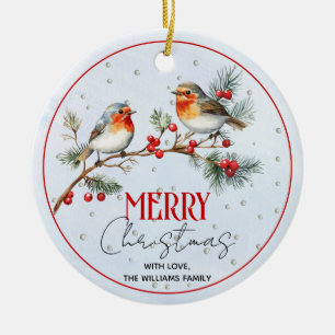 Zweig mit Rotkehlchen-Vögeln, Beeren Weihnachtsfot Keramik Ornament