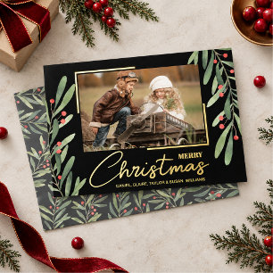 Zweig und Beeren auf schwarzem Weihnachtsfoto Gold Folien Feiertagskarte