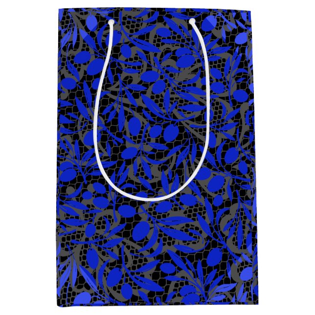 Zweige blauer Früchte auf Grau net.2tonesx4 Black  Mittlere Geschenktüte (Vorderseite)