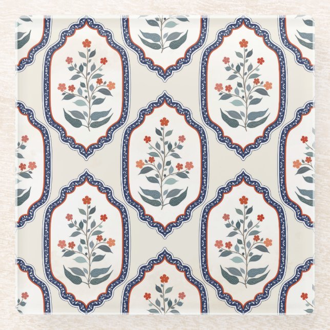 Zweige der orientalischen Blume: Kalamkari Indiane Glasuntersetzer (Vorderseite)