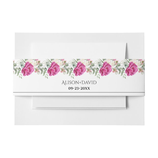 Zweige mit rosa rosa Blume und Blätter Hochzeit Einladungsbanderole (Vorderseite Beispiel)