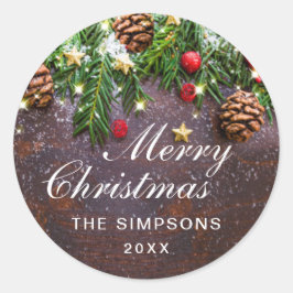 Zweigniederlassung Pine Cones Rustic Frohe Weihnac Runder Aufkleber
