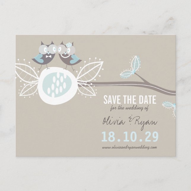 Zweigstelle der Whimsical Wedding Owls Tree Save t Ankündigungspostkarte (Vorderseite)