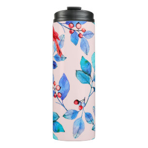 Zweigstelle mit Beeren und Vögeln Aquarell Thermosbecher