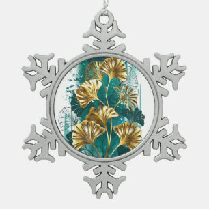 Zweigstelle mit goldenen Blätter Ginko Biloba Schneeflocken Zinn-Ornament