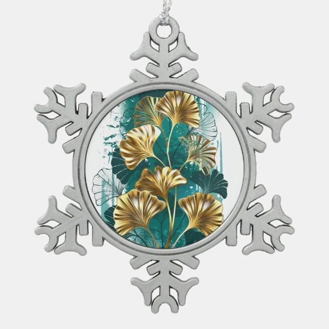 Zweigstelle mit goldenen Blätter Ginko Biloba Schneeflocken Zinn-Ornament (Vorderseite)