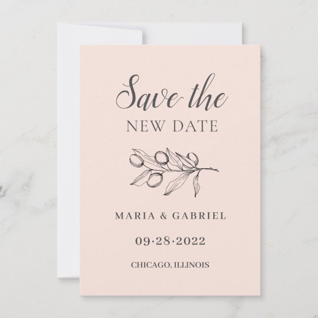 Zweigstelle Olive. Moderne, einfache rosa Hochzeit Save The Date (Vorderseite)