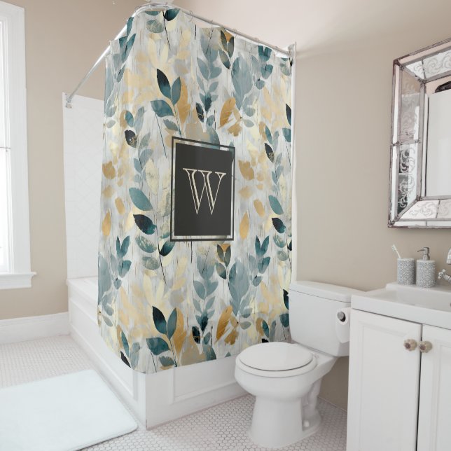 Zweigstellen für Monogram Blue und Gold Boho Duschvorhang (Beispiel)