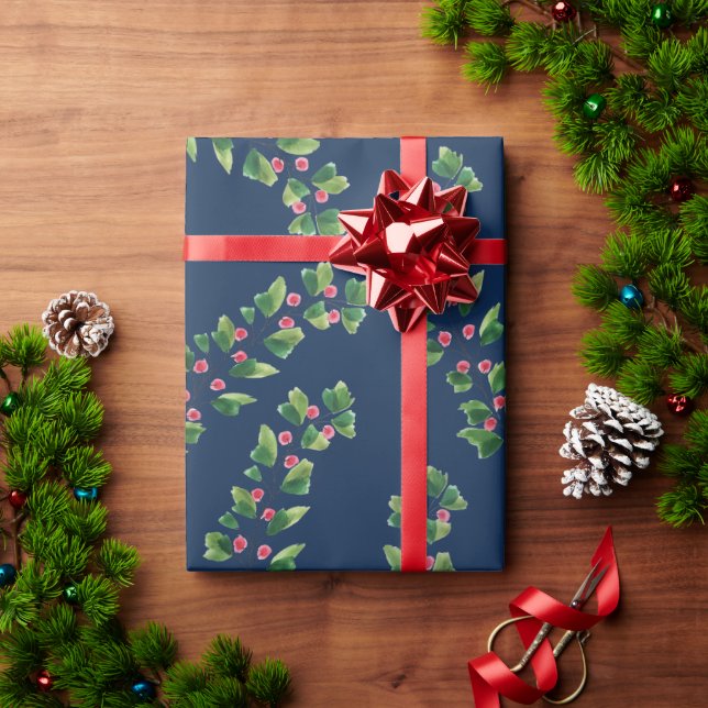 Zweigstellen in Blau und Grün Berry Geschenkpapier (Feiertagsgeschenk)