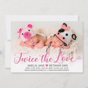 Zweimal die Liebe Twin Girls Pink Script Foto Birt Ankündigung