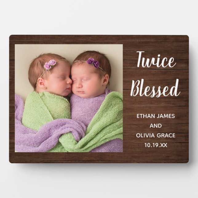 Zweimal gesegnet Twin Baby Foto Namen Geburtsdatum Fotoplatte (Vorderseite)