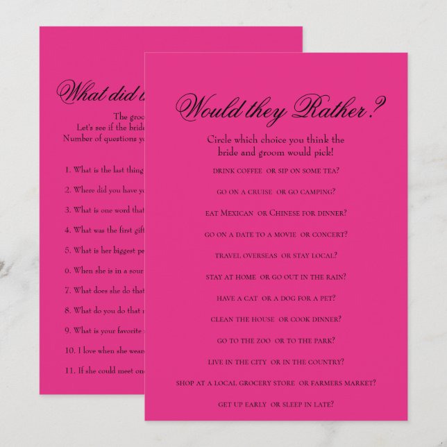 Zweiseitige Hot-Pink-Brautparty-Spiele Einladung (Vorne/Hinten)