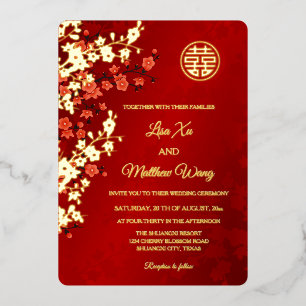 Zweisprachige Rot-Gold-Kirschblüten-Chinesische Ho Folieneinladung