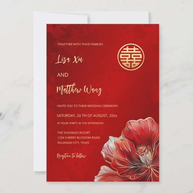 Zweisprachige Rote Blume | Chinesische Hochzeit Einladung (Vorderseite)