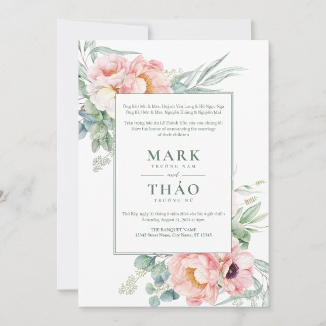 Zweisprachige vietnamesische Pink White Blume Wedd Einladung (Vorderseite)