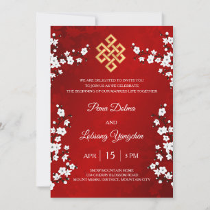 ZWEISPRACHIGE  Weiße Blüten Tibetanische Hochzeit Einladung