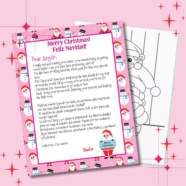 Zweisprachiger rosa Santa Letter für Kinder Spanis (Pink bilingual letter from Santa Christmas, personalized name & details. Multilingual Project)