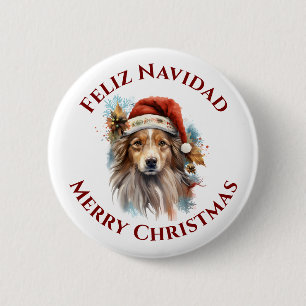 Zweisprachiger Weihnachtsmann Hund Frohe Weihnacht Button