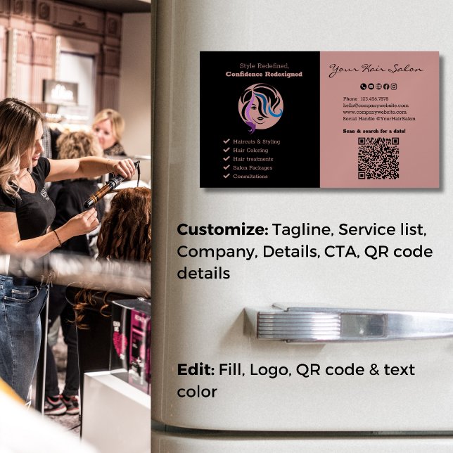 Zweiteiliger Beruflicher Friseursalon in der Toska Magnetische Visitenkarte (Dual-Tone Black & Tuscany Professional Hair Salon Business Card Magnet, Tagline, Service List, CTA)
