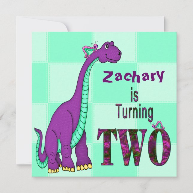 ZWEITER GEBURTSTAG - DINOSAUR - LILA EINLADUNG (Vorderseite)