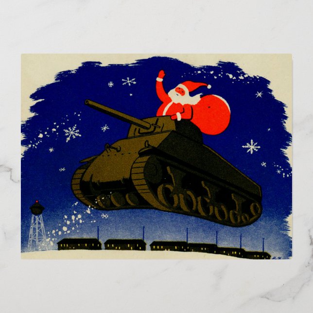 Zweiter Weltkrieg bewaffneter Santa Folien Feiertagspostkarte (Vorderseite)