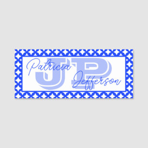 Zweitöniges Blau-Weiß-Netzrand-Monogramm Namensschild
